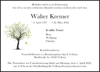 Traueranzeige von Walter Kremer von FZ