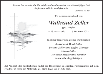 Traueranzeige von Waltraud Zeller von FZ