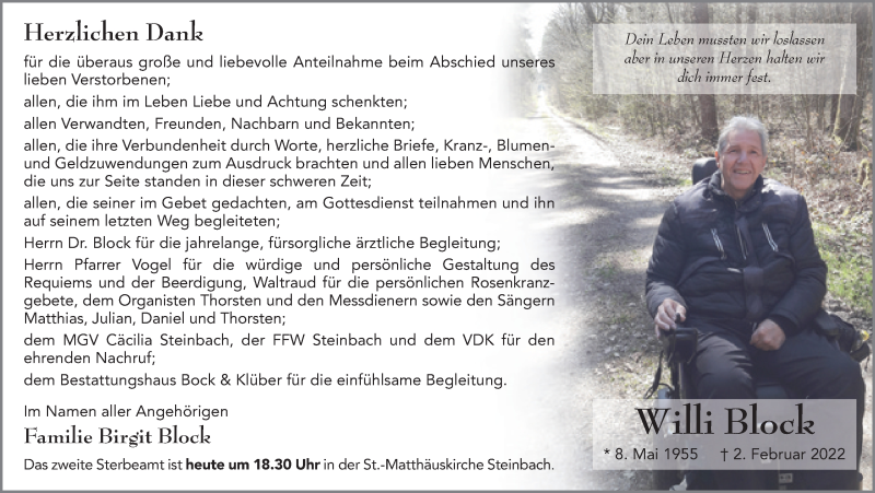  Traueranzeige für Willi Block vom 18.03.2022 aus FZ