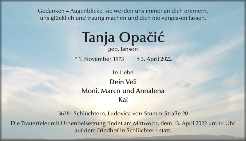  Traueranzeige für Tanja Opacic vom 09.04.2022 aus FZ