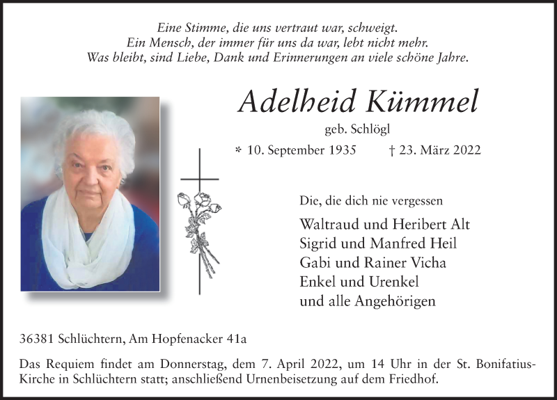  Traueranzeige für Adelheid Kümmel vom 04.04.2022 aus FZ