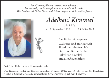 Traueranzeige von Adelheid Kümmel von FZ