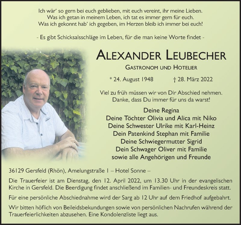  Traueranzeige für Alexander Leubecher vom 09.04.2022 aus FZ