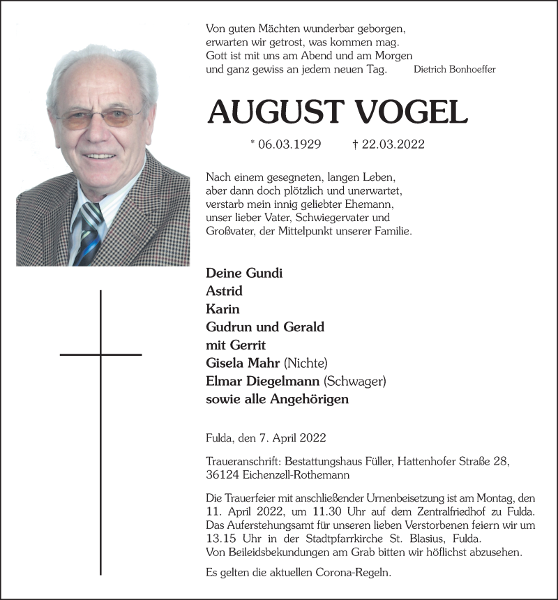  Traueranzeige für August Vogel vom 07.04.2022 aus FZ