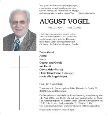 Traueranzeige von August Vogel von FZ