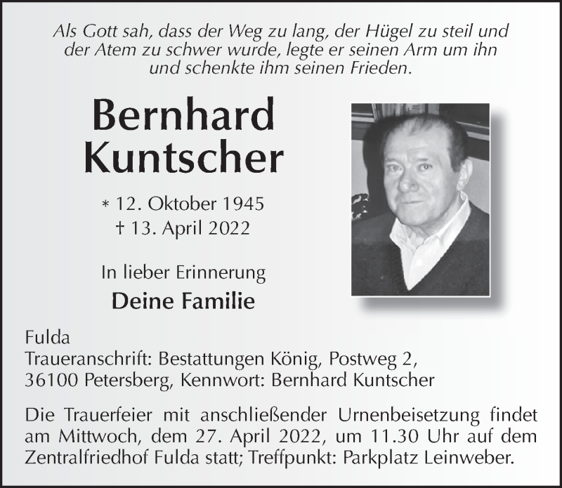  Traueranzeige für Bernhard Kuntscher vom 22.04.2022 aus FZ