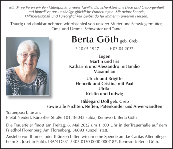 Traueranzeige von Bertha Göth von FZ