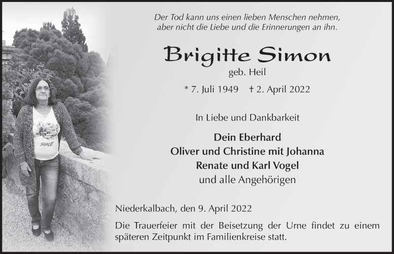  Traueranzeige für Brigitte Simon vom 09.04.2022 aus FZ