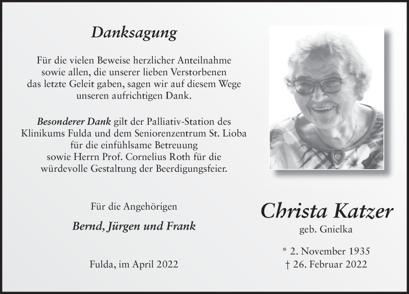  Traueranzeige für Christa Katzer vom 23.04.2022 aus FZ