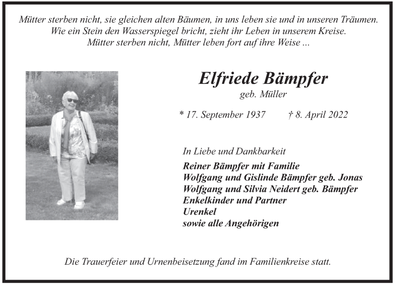  Traueranzeige für Elfriede Bämpfer vom 29.04.2022 aus FZ