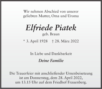 Traueranzeige von Elfriede Piatek von FZ