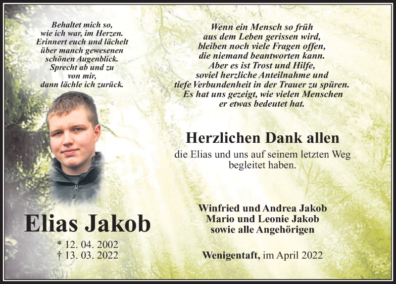  Traueranzeige für Elias Jakob vom 14.04.2022 aus FZ