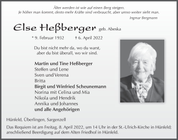 Traueranzeige von Else Heßberger von FZ