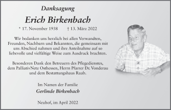 Traueranzeige von Erich Birkenbach von FZ
