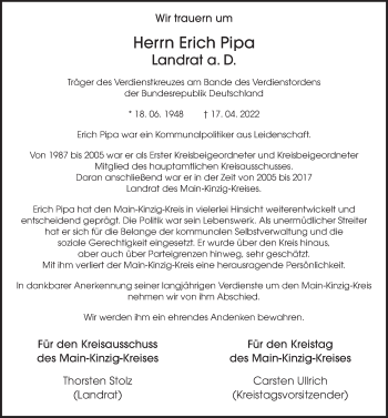 Traueranzeige von Erich Pipa von FZ