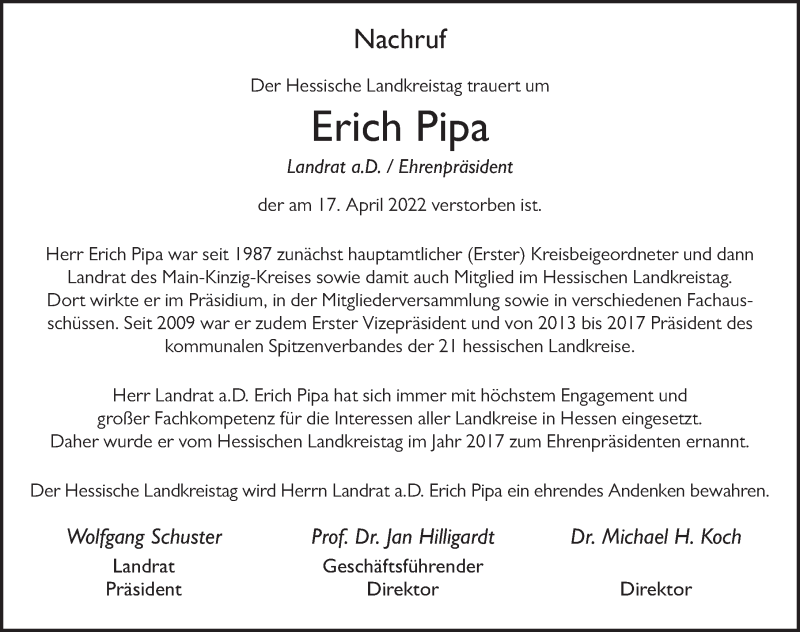  Traueranzeige für Erich Pipa vom 22.04.2022 aus FZ