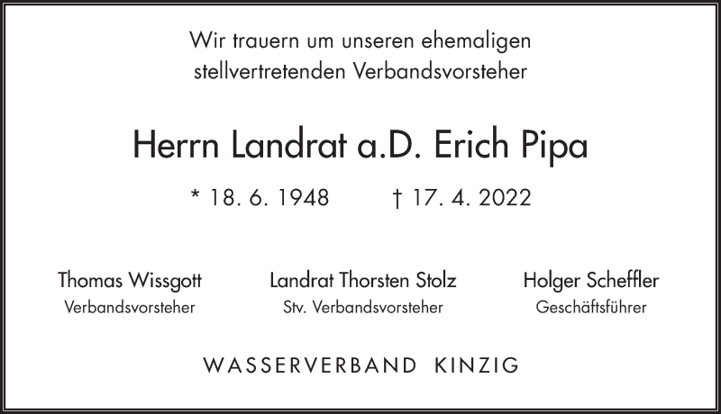  Traueranzeige für Erich Pipa vom 22.04.2022 aus FZ