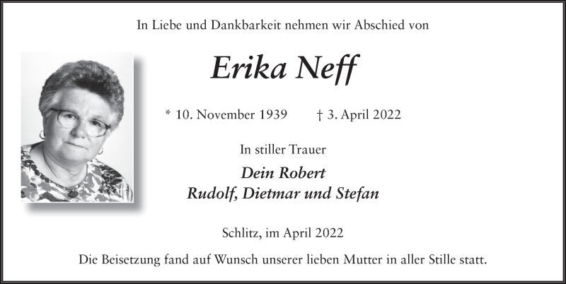  Traueranzeige für Erika Neff vom 21.04.2022 aus FZ