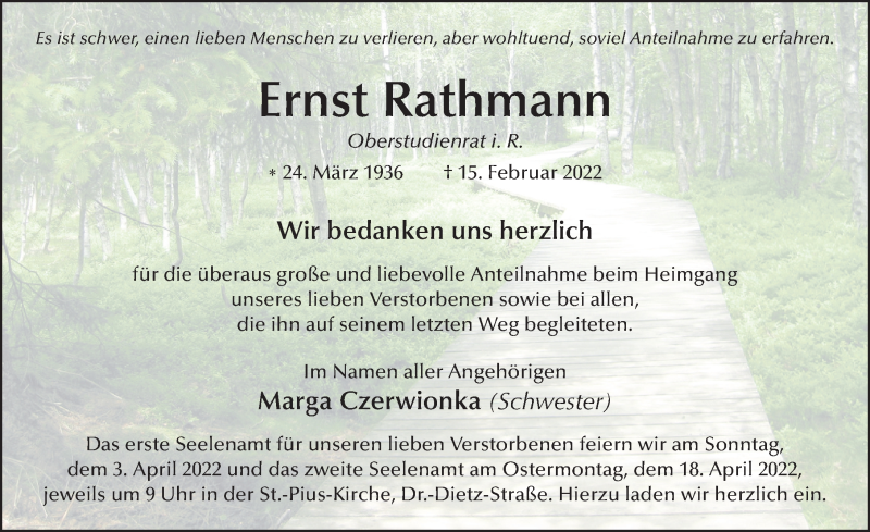  Traueranzeige für Ernst Rathmann vom 01.04.2022 aus FZ