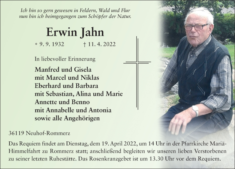  Traueranzeige für Erwin Jahn vom 16.04.2022 aus FZ