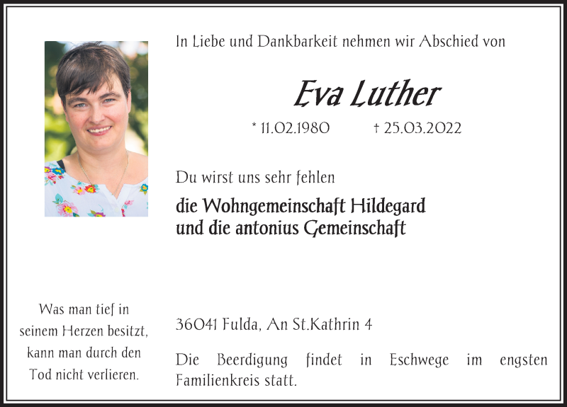  Traueranzeige für Eva Luther vom 01.04.2022 aus FZ