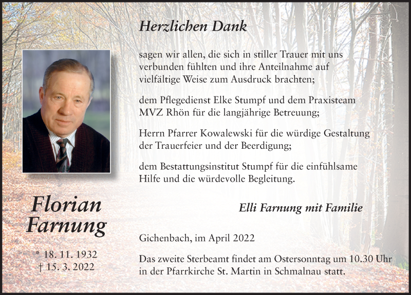  Traueranzeige für Florian Farnung vom 16.04.2022 aus FZ