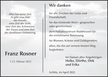 Traueranzeige von Franz Rosner von FZ