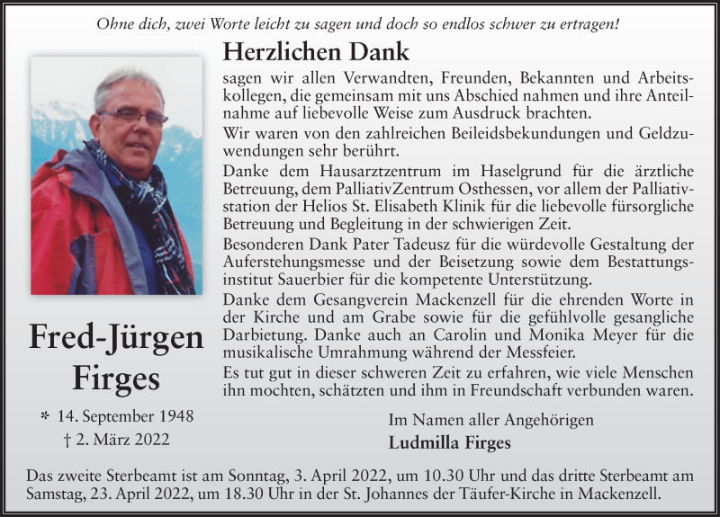  Traueranzeige für Fred-Jürgen Firges vom 01.04.2022 aus FZ