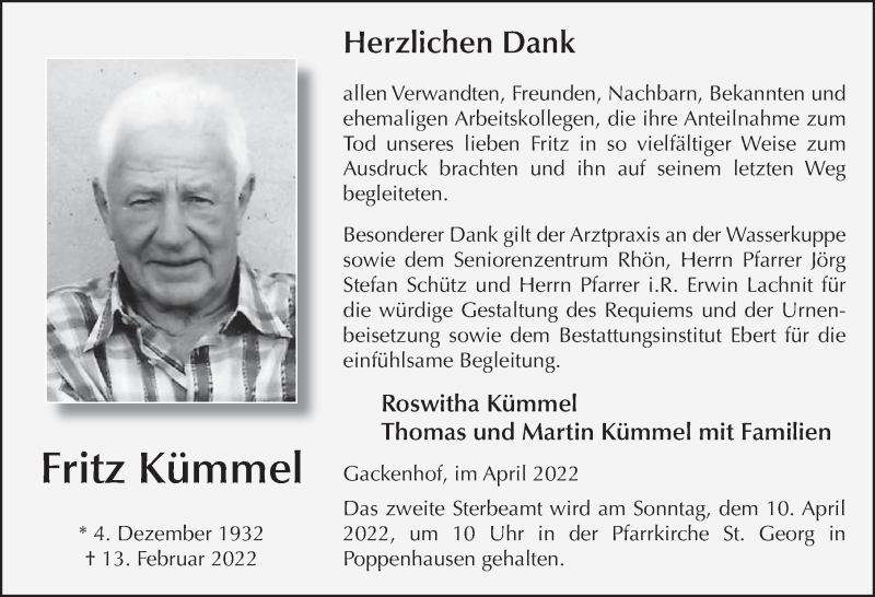  Traueranzeige für Friedrich Kümmel vom 07.04.2022 aus FZ