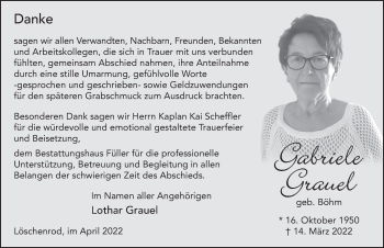 Traueranzeige von Gabriele Grauel von FZ