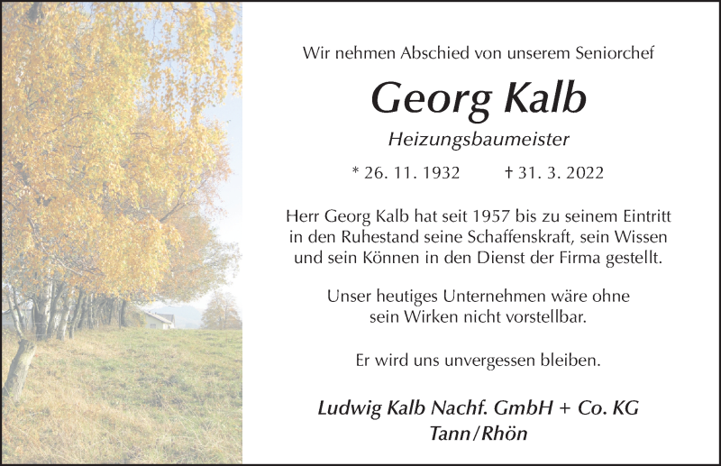  Traueranzeige für Georg Kalb vom 08.04.2022 aus FZ