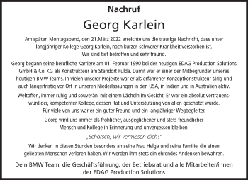 Traueranzeige von Georg Karlein von FZ