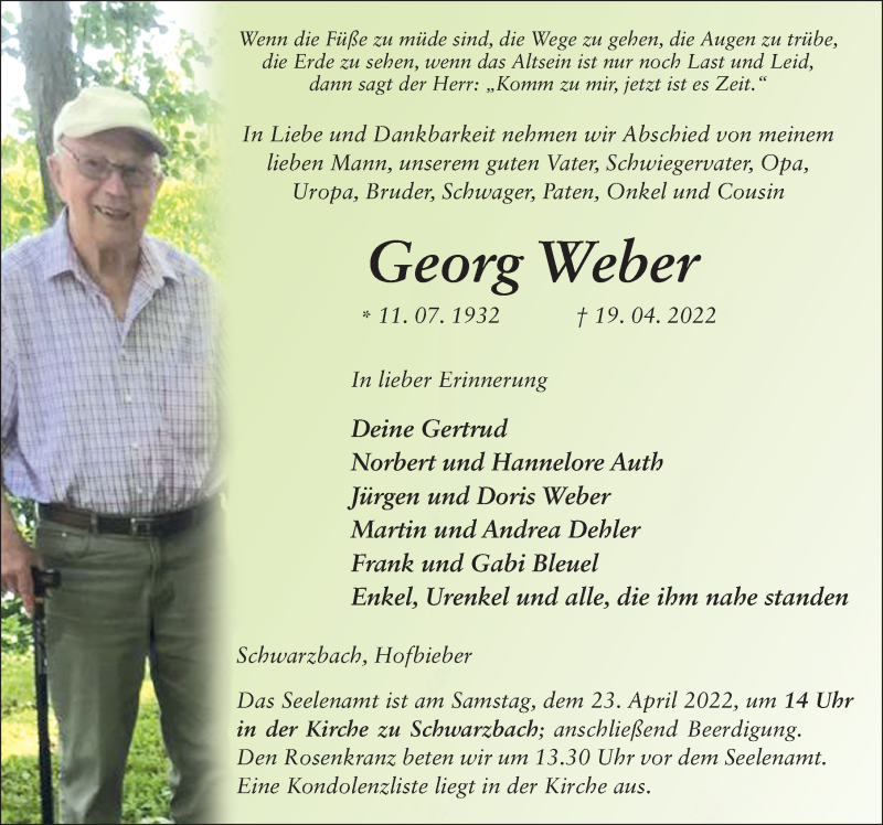  Traueranzeige für Georg Weber vom 21.04.2022 aus FZ