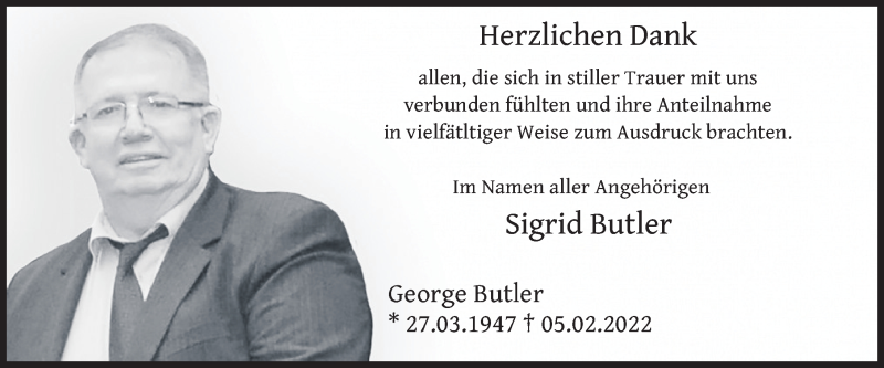  Traueranzeige für George Butler vom 23.04.2022 aus FZ