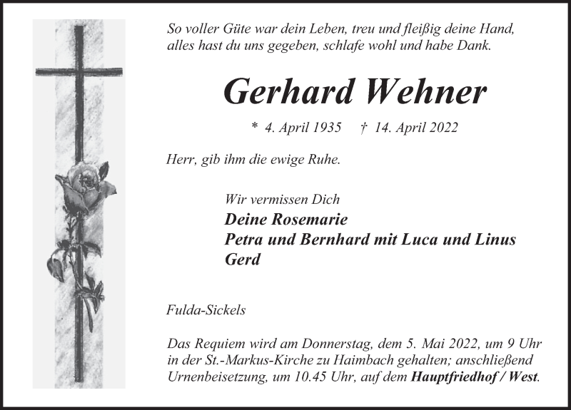 Traueranzeige für Gerhard Wehner vom 30.04.2022 aus FZ