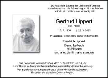 Traueranzeige von Gertrud Lippert von FZ