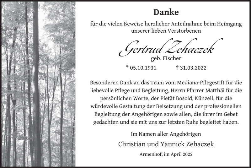  Traueranzeige für Gertrud Zehaczek vom 30.04.2022 aus FZ