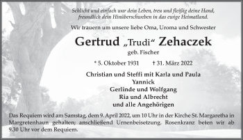 Traueranzeige von Gertrud Zehaczek von FZ