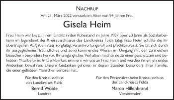 Traueranzeige von Gisela Heim von FZ
