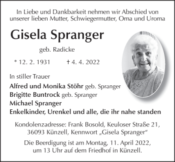 Traueranzeige von Gisela Spranger von FZ