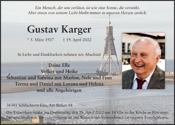 Traueranzeige von Gustav Karger von FZ