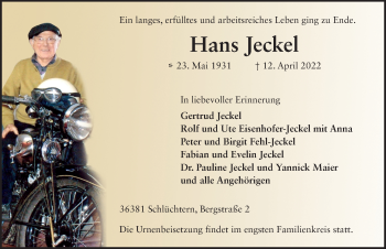 Traueranzeige von Hans Jeckel von FZ