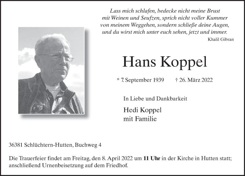  Traueranzeige für Hans Koppel vom 07.04.2022 aus FZ