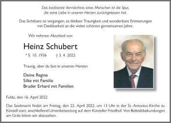 Traueranzeige von Heinz Schubert von FZ
