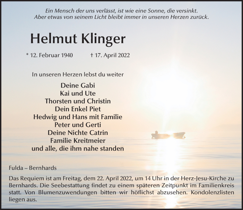  Traueranzeige für Helmut Klinger vom 20.04.2022 aus FZ