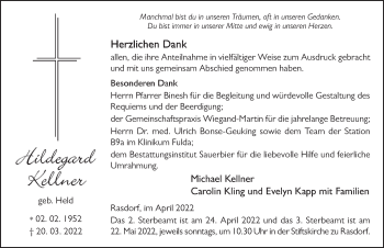 Traueranzeige von Hildegard Kellner von FZ