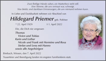 Traueranzeige von Hildegard Priemer von FZ