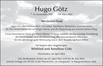 Traueranzeige von Hugo Götz von FZ