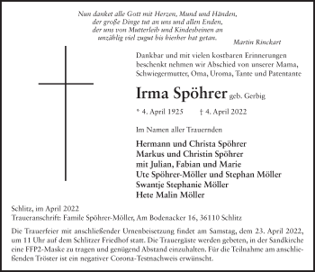 Traueranzeige von Irma Spöhrer von FZ