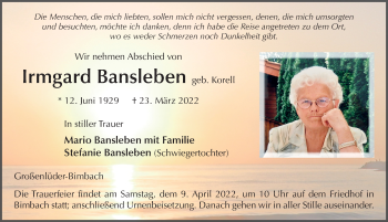 Traueranzeige von Irmgard Bansleben von FZ